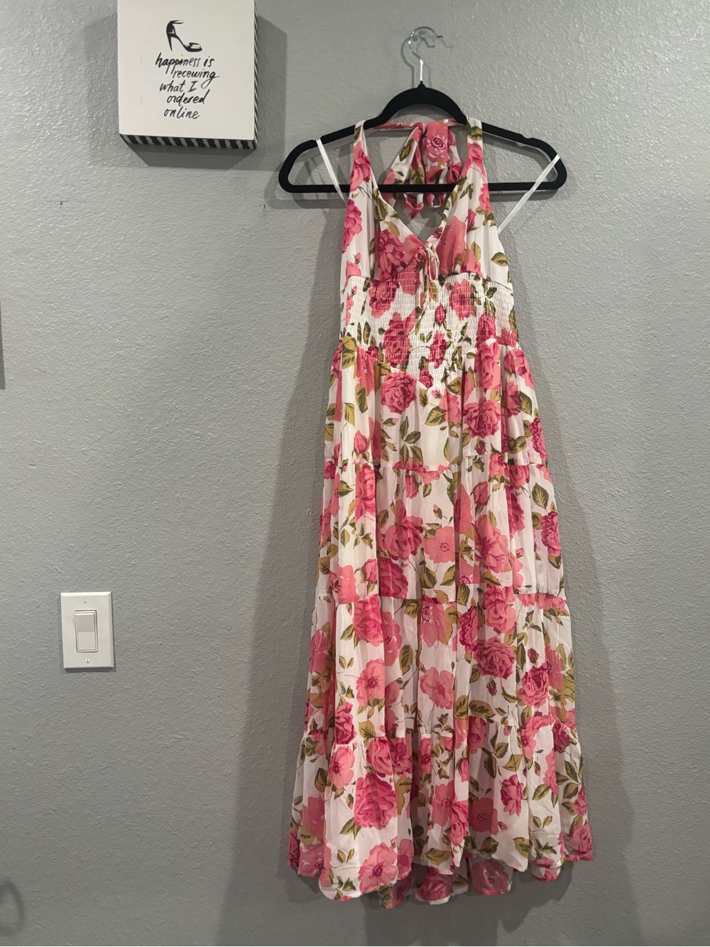 Francesca's Collections White Maxi Dress with Pink Floral Print